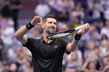 Aug 31, 2025; Flushing, NY, USA;  
Novak Djokovic (SRB) after beating Jan-Lennard Struff (GER) (not pictured) on day eight of the 2025 U.S. Open tennis tournament at the USTA Billie Jean King National Tennis Center. Mandatory Credit: Robert Deutsch-Imagn Images