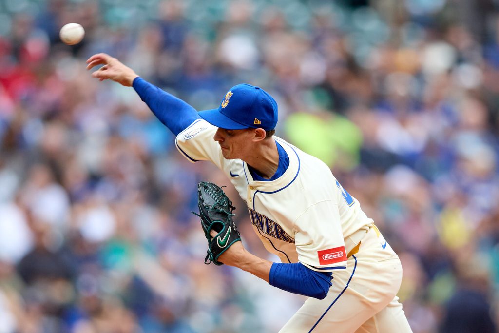 Sep 14, 2025; Seattle, Washington, USA; Seattle Mariners starting pitcher George Kirby (68) throws against the Los Angeles Angels during the first inning at T-Mobile Park. Mandatory Credit: John Froschauer-Imagn Images