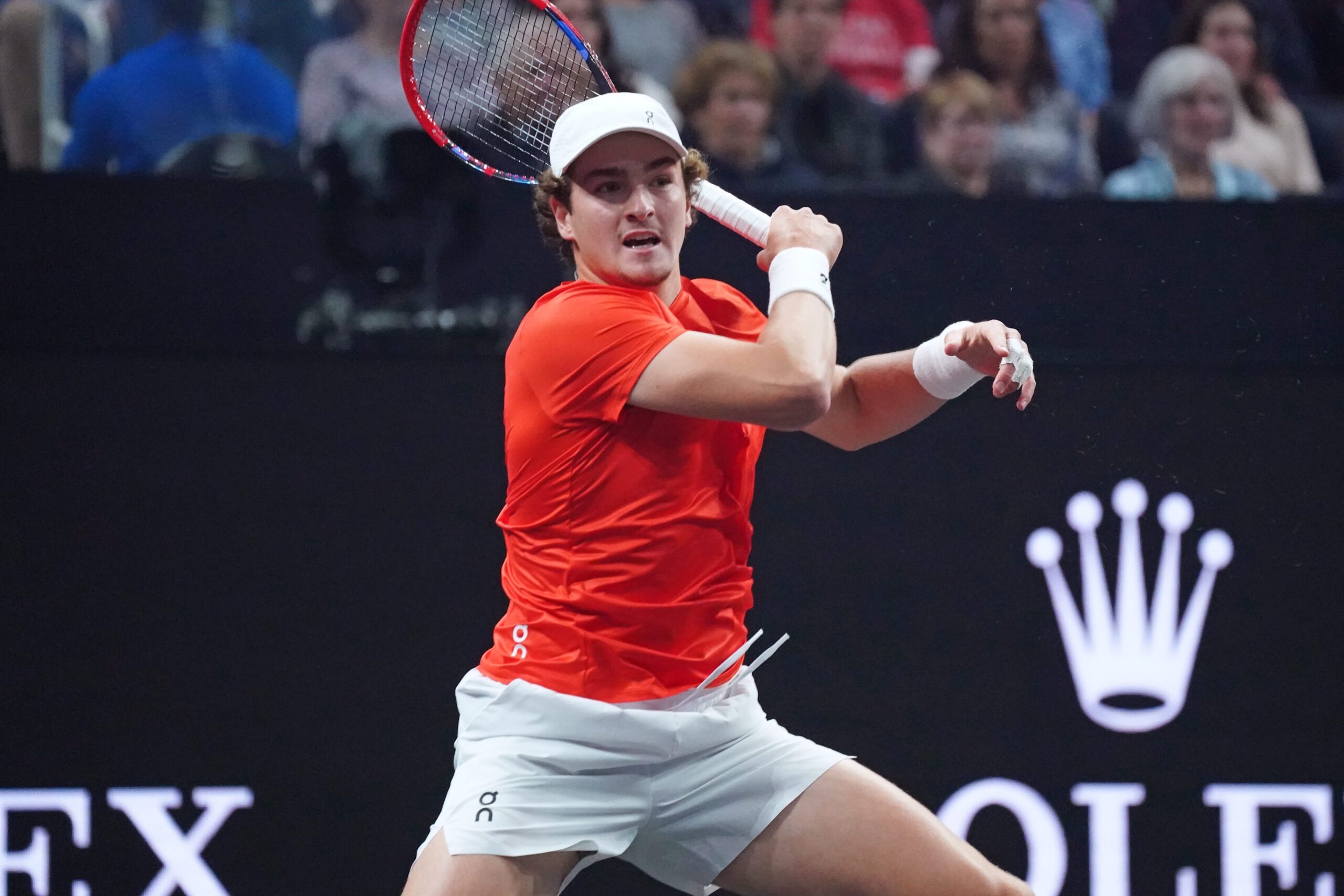 Sep 19, 2025; San Francisco, CA, USA; Team World player Joao Fonseca hits a forehand during his match against Team Europe player Flavio Cobolli at the Laver Cup at Chase Center. Mandatory Credit: David Gonzales-Imagn Images