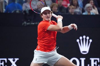 Sep 19, 2025; San Francisco, CA, USA; Team World player Joao Fonseca hits a forehand during his match against Team Europe player Flavio Cobolli at the Laver Cup at Chase Center. Mandatory Credit: David Gonzales-Imagn Images