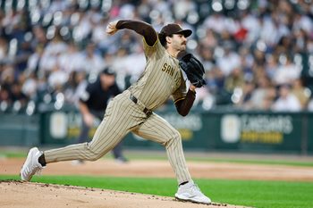 Sep 19, 2025; Chicago, Illinois, USA; San Diego Padres starting pitcher Dylan Cease (84) delivers a pitch against the Chicago White Sox during the first inning at Rate Field. Mandatory Credit: Kamil Krzaczynski-Imagn Images