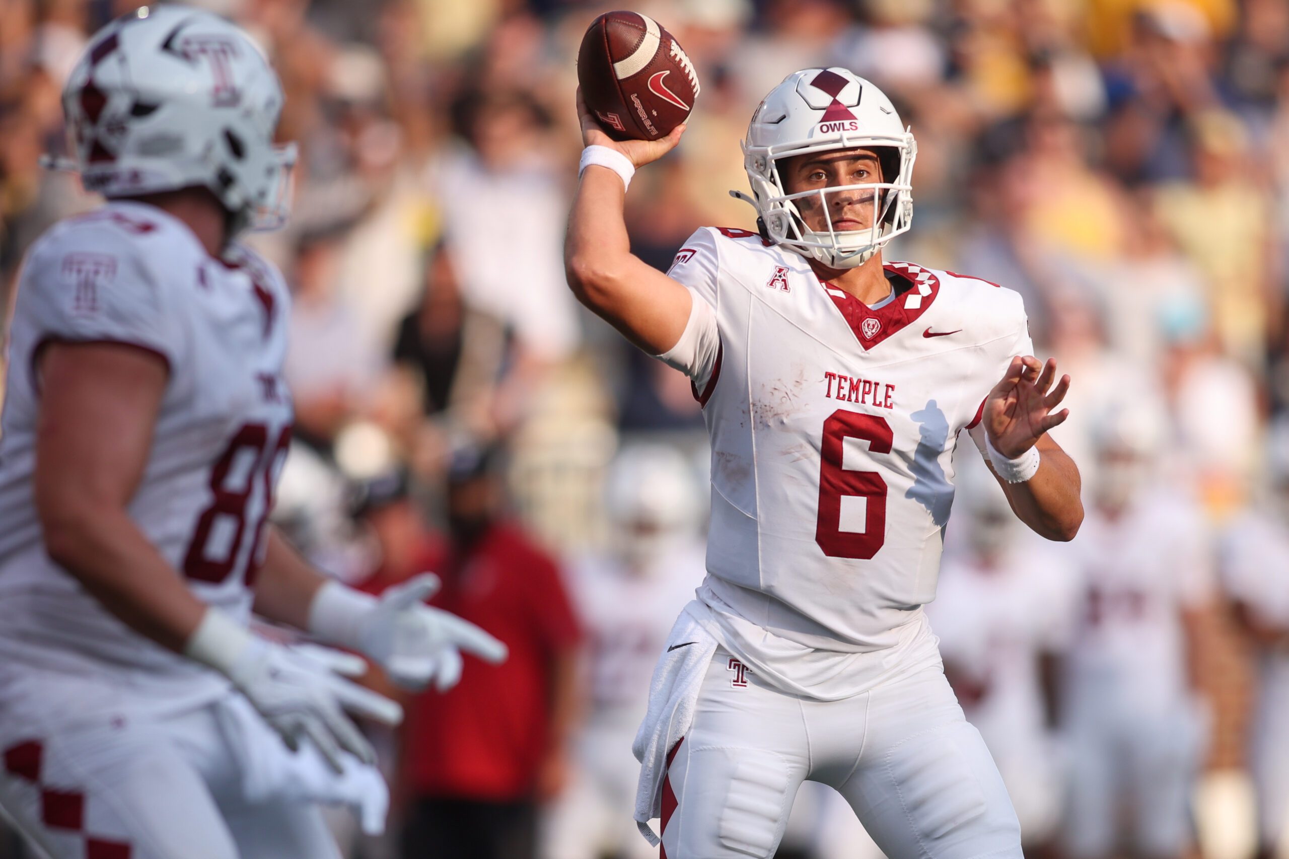 Sep 20, 2025; Atlanta, Georgia, USA; Temple Owls quarterback Evan Simon (6) throws a pass against the Georgia Tech Yellow Jackets in the second quarter at Bobby Dodd Stadium at Hyundai Field. Mandatory Credit: Brett Davis-Imagn Images