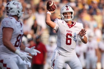 Sep 20, 2025; Atlanta, Georgia, USA; Temple Owls quarterback Evan Simon (6) throws a pass against the Georgia Tech Yellow Jackets in the second quarter at Bobby Dodd Stadium at Hyundai Field. Mandatory Credit: Brett Davis-Imagn Images