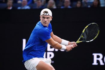 Sep 20, 2025; San Francisco, CA, USA;  Team Europe player Holger Rune returns a ball from Team World player Francisco Cerundolo during the Laver Cup at Chase Center. Mandatory Credit: David Gonzales-Imagn Images
