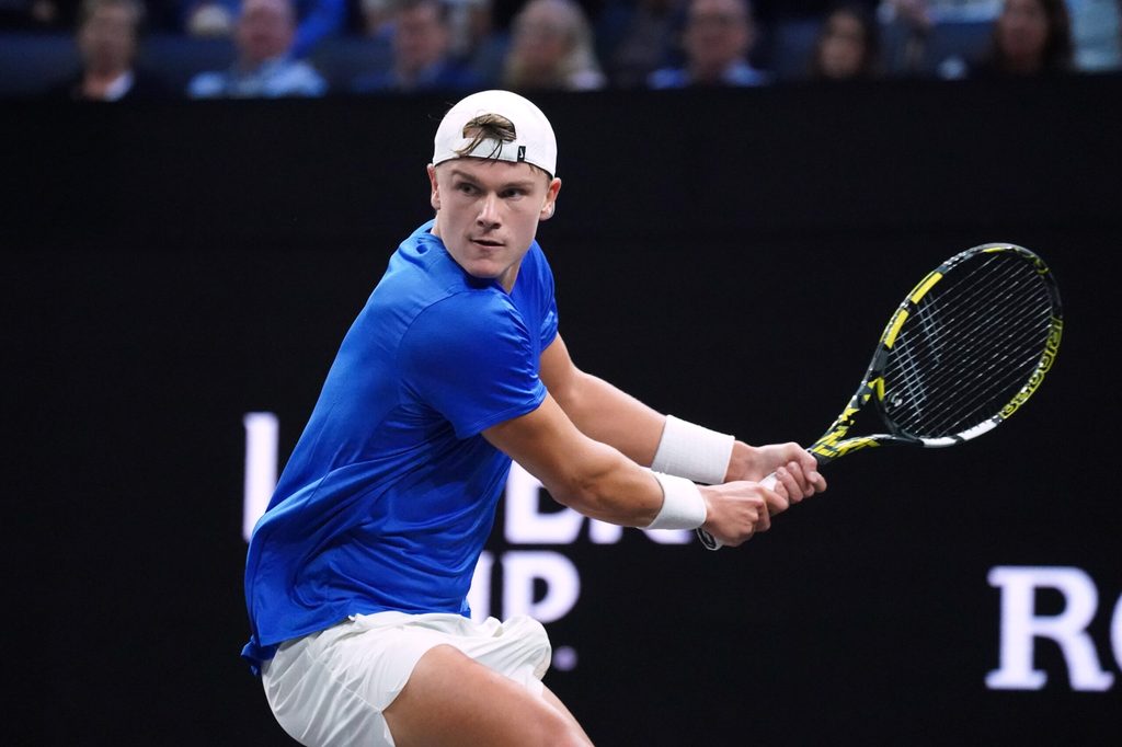 Sep 20, 2025; San Francisco, CA, USA;  Team Europe player Holger Rune returns a ball from Team World player Francisco Cerundolo during the Laver Cup at Chase Center. Mandatory Credit: David Gonzales-Imagn Images