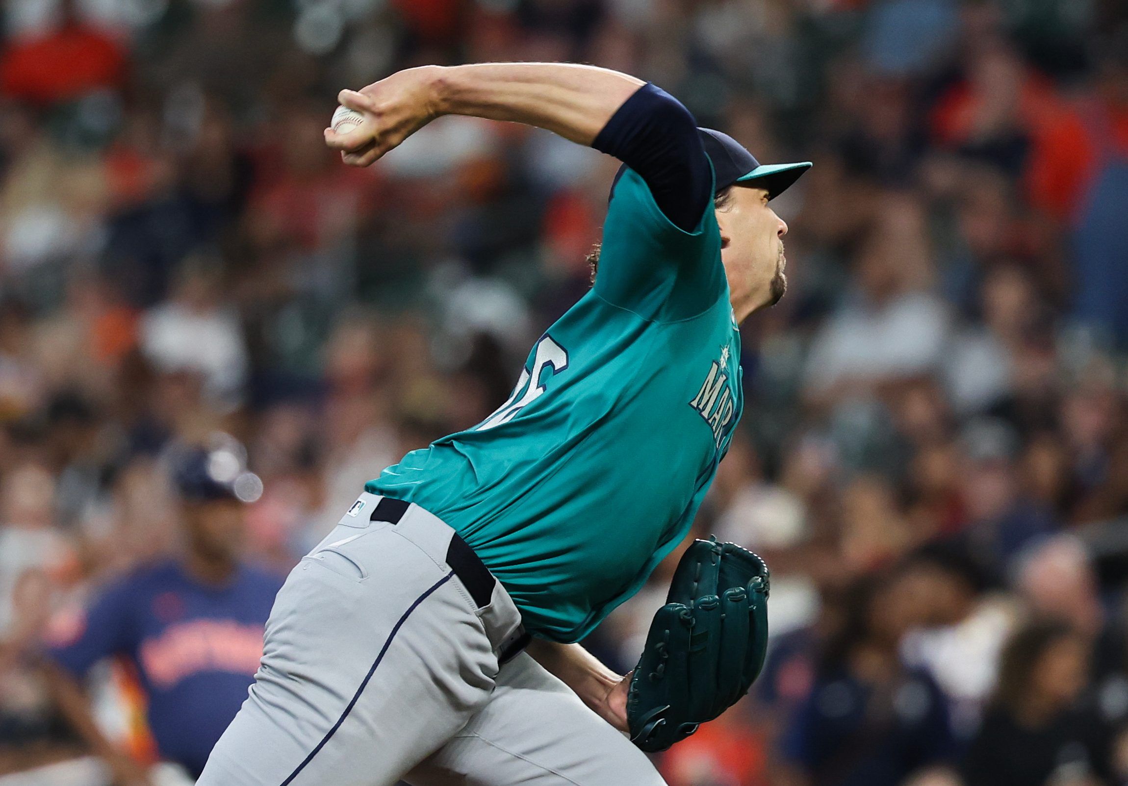 Sep 21, 2025; Houston, Texas, USA; Seattle Mariners starting pitcher Logan Gilbert (36) pitches against the Houston Astros in the first inning at Daikin Park. Mandatory Credit: Thomas Shea-Imagn Images