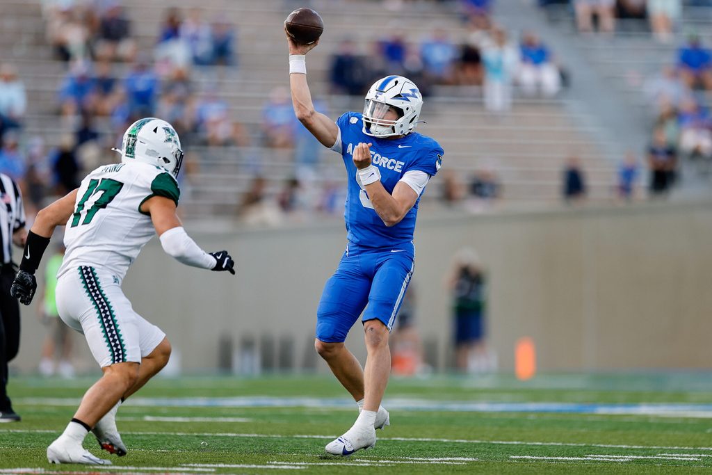 Sep 27, 2025; Colorado Springs, Colorado, USA; Air Force Falcons quarterback Liam Szarka (9) attempts a pass under pressure from Hawaii Rainbow Warriors linebacker Giovanni Iovino (17) in the fourth quarter at Falcon Stadium. Mandatory Credit: Isaiah J. Downing-Imagn Images