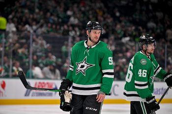 Sep 23, 2025; Dallas, Texas, USA; Dallas Stars right wing Mikko Rantanen (96) looks on during the game between the Dallas Stars and the Minnesota Wild at American Airlines Center. Mandatory Credit: Jerome Miron-Imagn Images