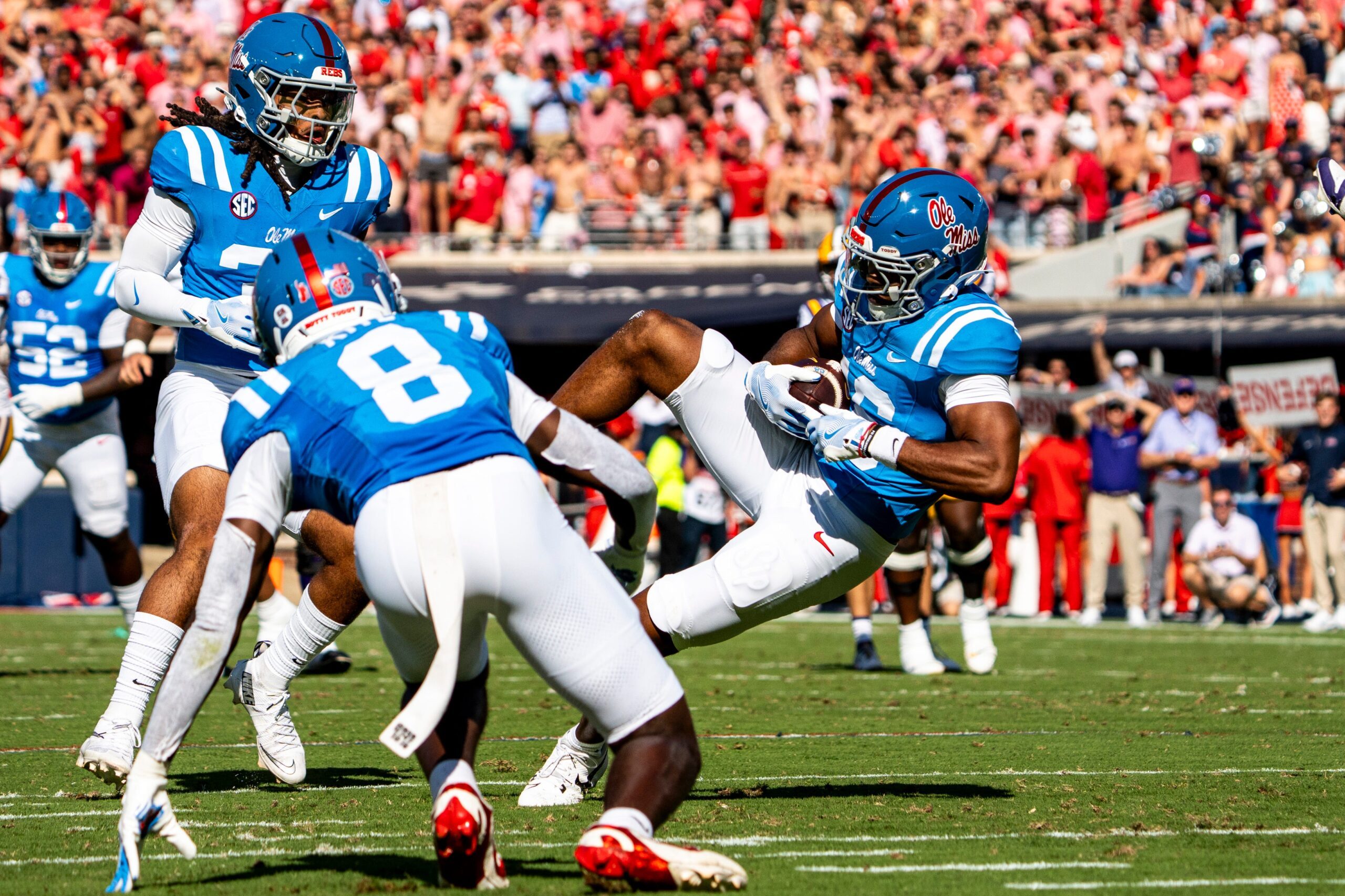 Ole Miss safety Wydett Williams Jr. (16) comes down with an interception during a college football game between Ole Miss and LSU at Vaught-Hemingway Stadium in Oxford, Miss., on Saturday, Sept. 27, 2025. Ole Miss defeated LSU 24-19.