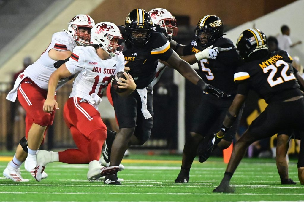 Jacksonville State Gamecocks quarterback Caden Creel (12) runs the ball against the Southern Miss Golden Eagles during the third quarter at M.M. Roberts Stadium in Hattiesburg, Miss. on Sept. 27, 2025.