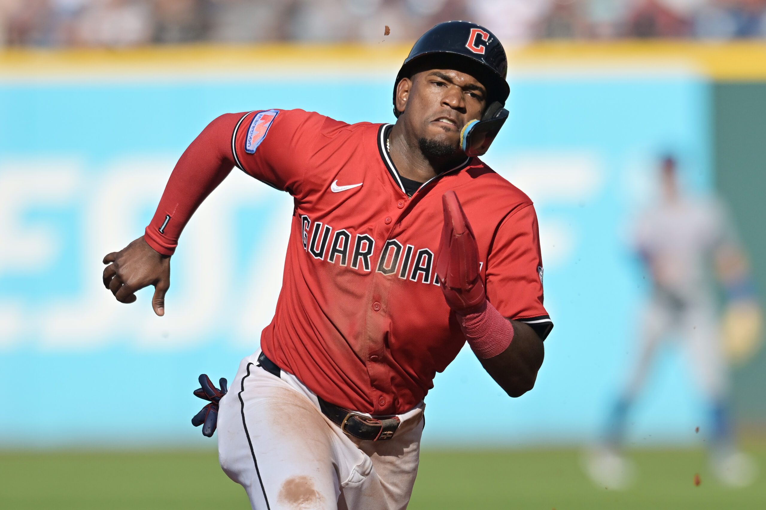Sep 28, 2025; Cleveland, Ohio, USA;  Cleveland Guardians center fielder Angel Martinez (1) advances to third on a hit by third baseman Jose Ramirez (not pictured) during the third inning against the Texas Rangers at Progressive Field. Mandatory Credit: Ken Blaze-Imagn Images