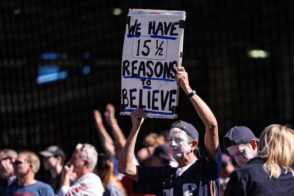Cleveland Guardians fans cheer on against Detroit Tigers during Game 2 of AL wild-card series at Progressive Field in Cleveland, Ohio on Wednesday, Oct. 1, 2025.