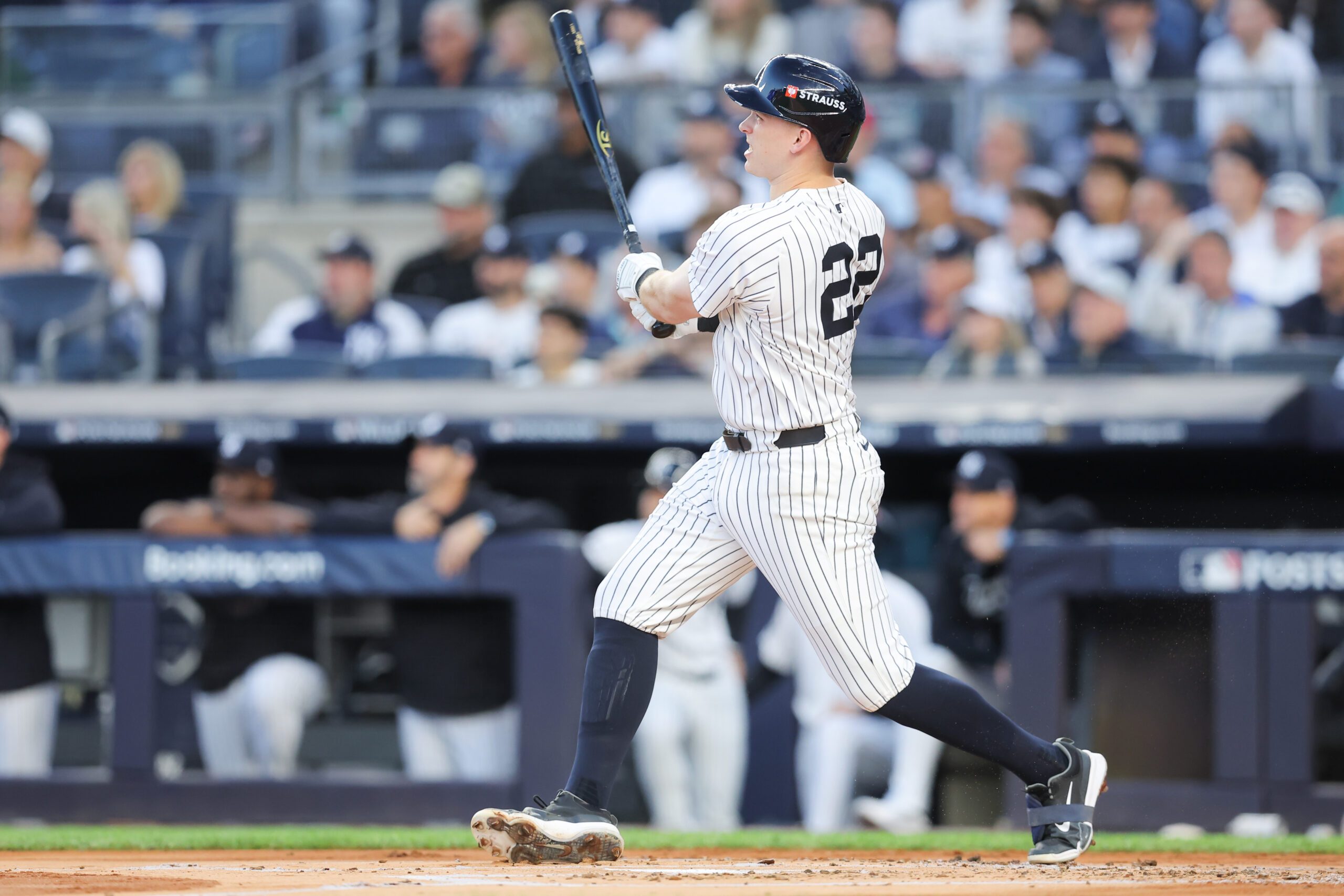 Oct 1, 2025; Bronx, New York, USA; New York Yankees first baseman Ben Rice (22) hits a two run home run during the first inning against the Boston Red Sox during game two of the Wildcard round for the 2025 MLB playoffs at Yankee Stadium. Mandatory Credit: Brad Penner-Imagn Images
