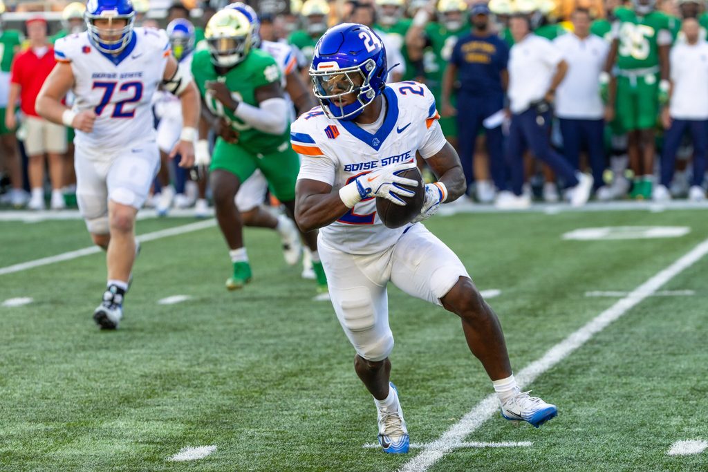 Oct 4, 2025; South Bend, Indiana, USA; Boise State Broncos running back Dylan Riley (24) makes a catch against the Notre Dame Fighting Irish during the second half at Notre Dame Stadium. Mandatory Credit: Michael Caterina-Imagn Images