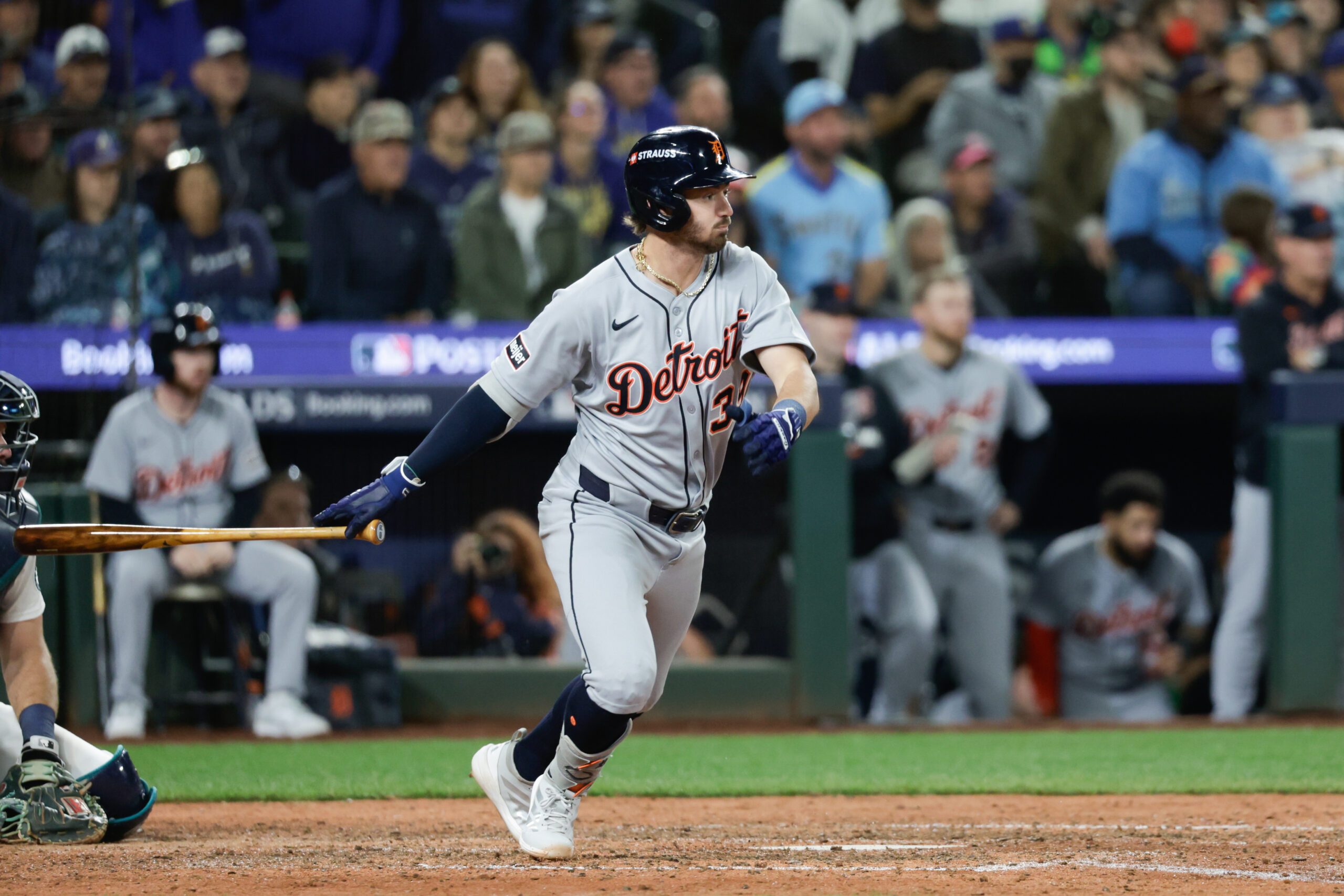 Oct 4, 2025; Seattle, Washington, USA; Detroit Tigers outfielder Kerry Carpenter (30) hits an RBI single in the eleventh inning against the Seattle Mariners during game one of the ALDS round for the 2025 MLB playoffs at T-Mobile Park. Mandatory Credit: Joe Nicholson-Imagn Images