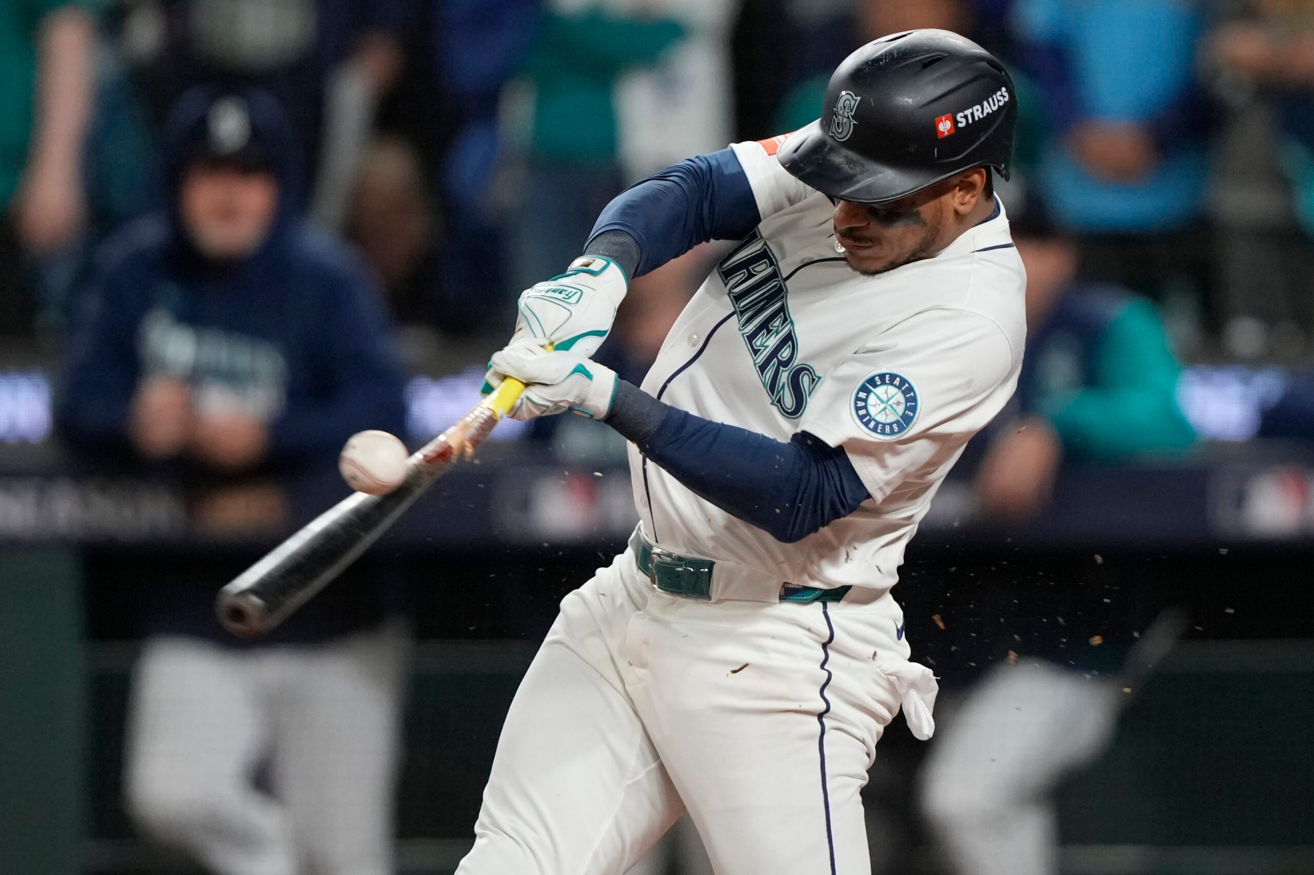 Oct 5, 2025; Seattle, Washington, USA; Seattle Mariners second baseman Jorge Polanco (7) hits a single against the Detroit Tigers in the eighth inning during game two of the ALDS round for the 2025 MLB playoffs at T-Mobile Park. Mandatory Credit: Stephen Brashear-Imagn Images
