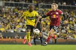 Columbus Crew midfielder Darlington Nagbe (6) controls the ball in front of New York Red Bulls midfielder Emil Forsberg (10) during the first half of the MLS Cup Playoffs first round game at Lower.com Field in Columbus on Oct. 29.