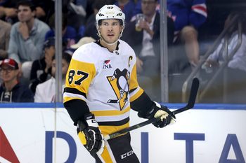 Oct 7, 2025; New York, New York, USA; Pittsburgh Penguins center Sidney Crosby (87) skates against the New York Rangers during the third period at Madison Square Garden. Mandatory Credit: Brad Penner-Imagn Images