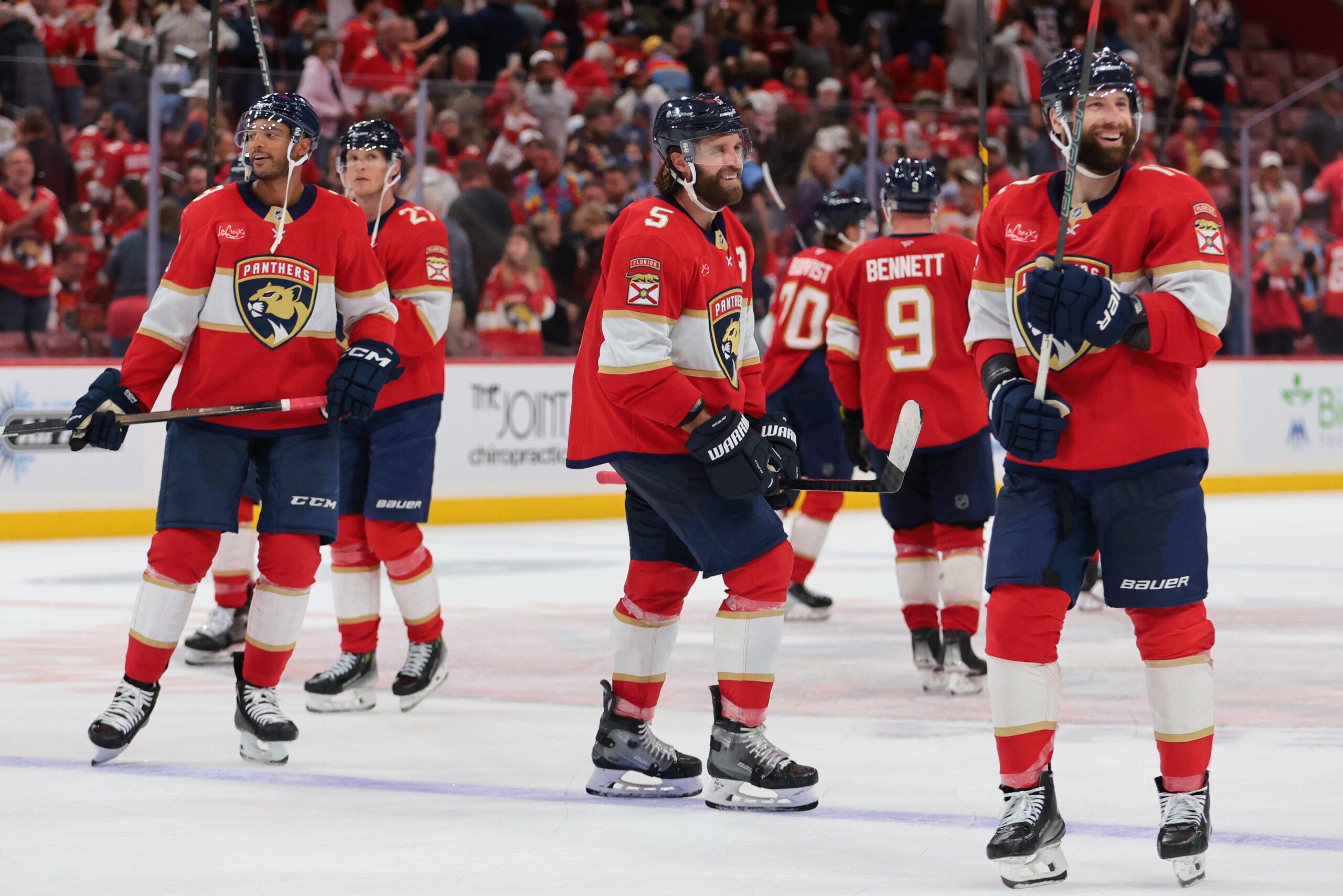 Oct 9, 2025; Sunrise, Florida, USA; Florida Panthers defenseman Aaron Ekblad (5) celebrates after the game against the Philadelphia Flyers at Amerant Bank Arena. Mandatory Credit: Sam Navarro-Imagn Images