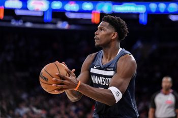 Oct 9, 2025; New York, New York, USA; Minnesota Timberwolves guard Anthony Edwards (5) shoots the ball against the New York Knicks during the first half at Madison Square Garden. Mandatory Credit: John Jones-Imagn Images
