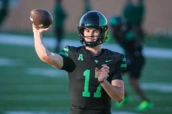 Oct 10, 2025; Denton, Texas, USA; North Texas Mean Green quarterback Drew Mestemaker (17) warms up prior to a game against the South Florida Bulls at DATCU Stadium. Mandatory Credit: Raymond Carlin III-Imagn Images