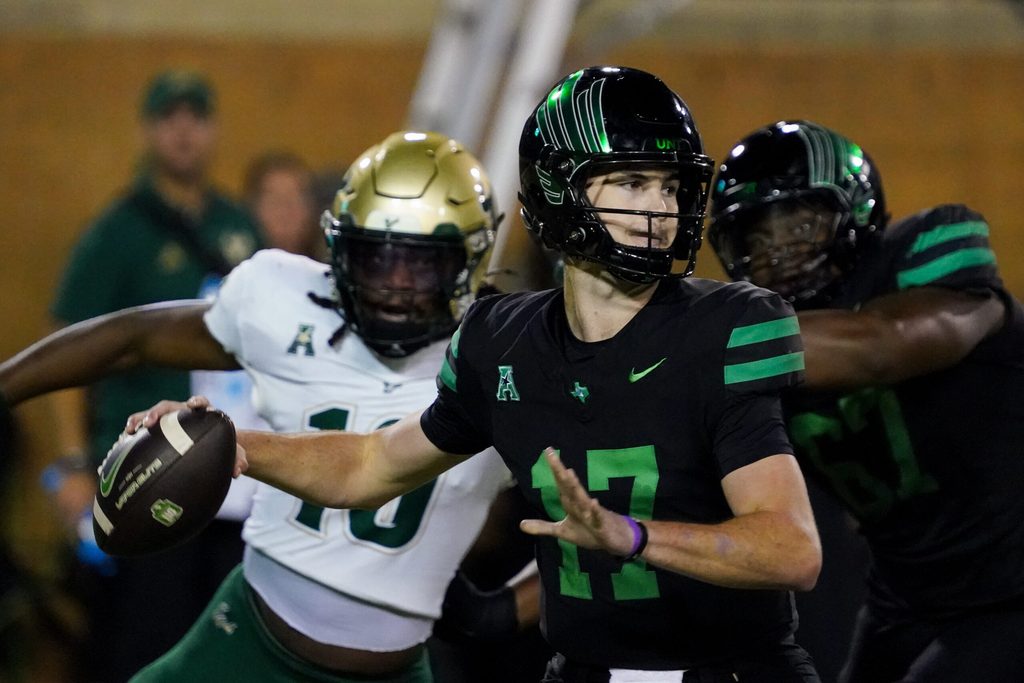 Oct 10, 2025; Denton, Texas, USA; North Texas Mean Green quarterback Drew Mestemaker (17) stands in the pocket against the South Florida Bulls during the second half of a game at DATCU Stadium. Mandatory Credit: Raymond Carlin III-Imagn Images