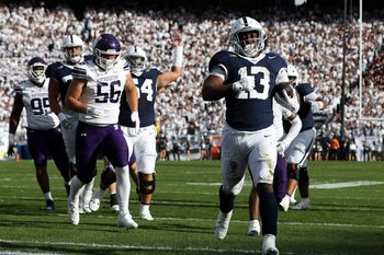 Oct 11, 2025; University Park, Pennsylvania, USA; Penn State Nittany Lions running back Kaytron Allen (13) runs the ball into the end zone for a touchdown during the second quarter against the Northwestern Wildcats at Beaver Stadium. Mandatory Credit: Matthew O'Haren-Imagn Images