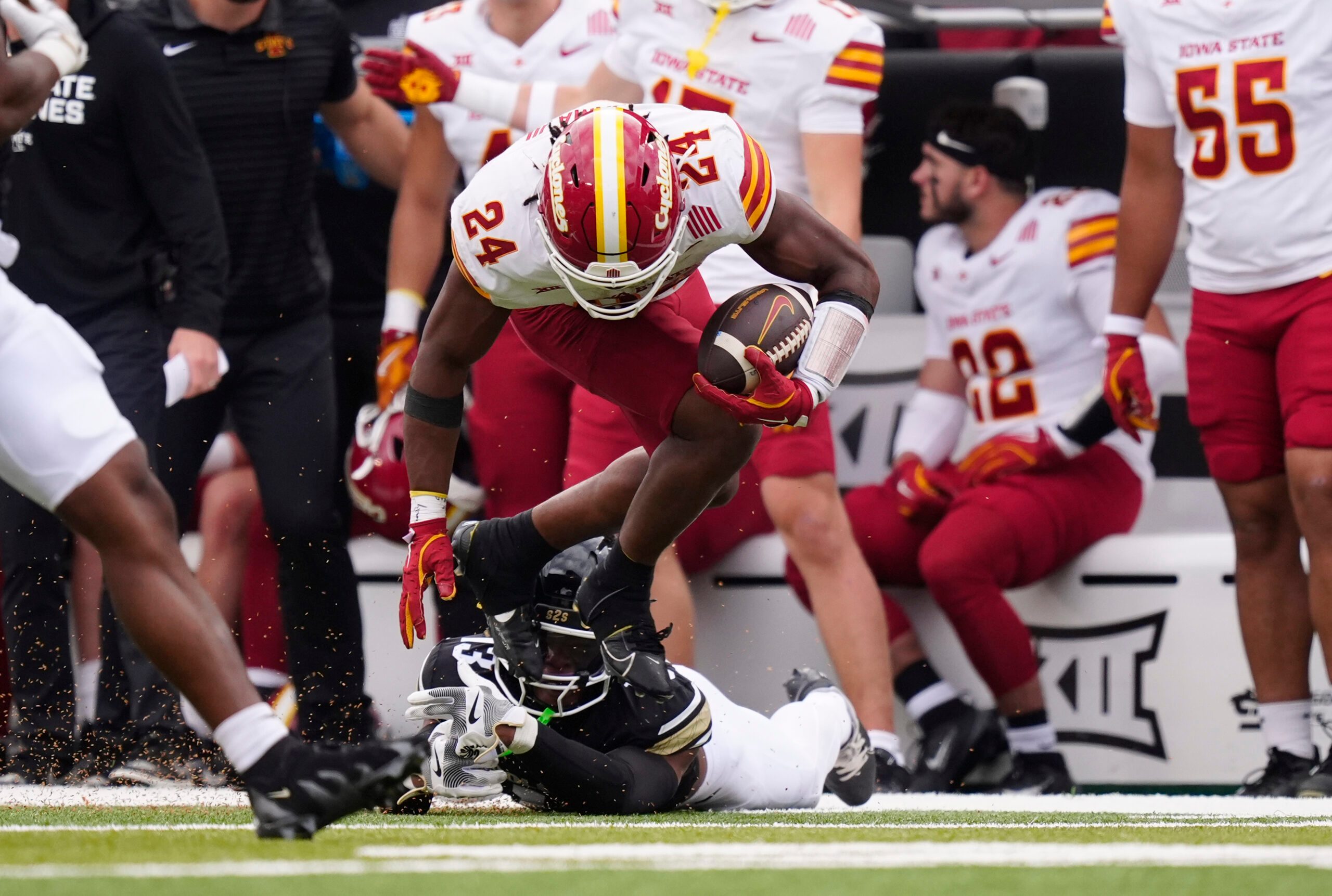 Oct 11, 2025; Boulder, Colorado, USA; Iowa State Cyclones running back Abu Sama (24) carries the ball in the second half against the Colorado Buffaloes at Folsom Field. Mandatory Credit: Ron Chenoy-Imagn Images