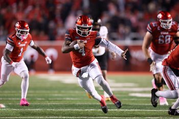 Oct 11, 2025; Salt Lake City, Utah, USA; Utah Utes quarterback Devon Dampier (4) runs the ball against the Arizona State Sun Devils during the third quarter at Rice-Eccles Stadium. Mandatory Credit: Rob Gray-Imagn Images