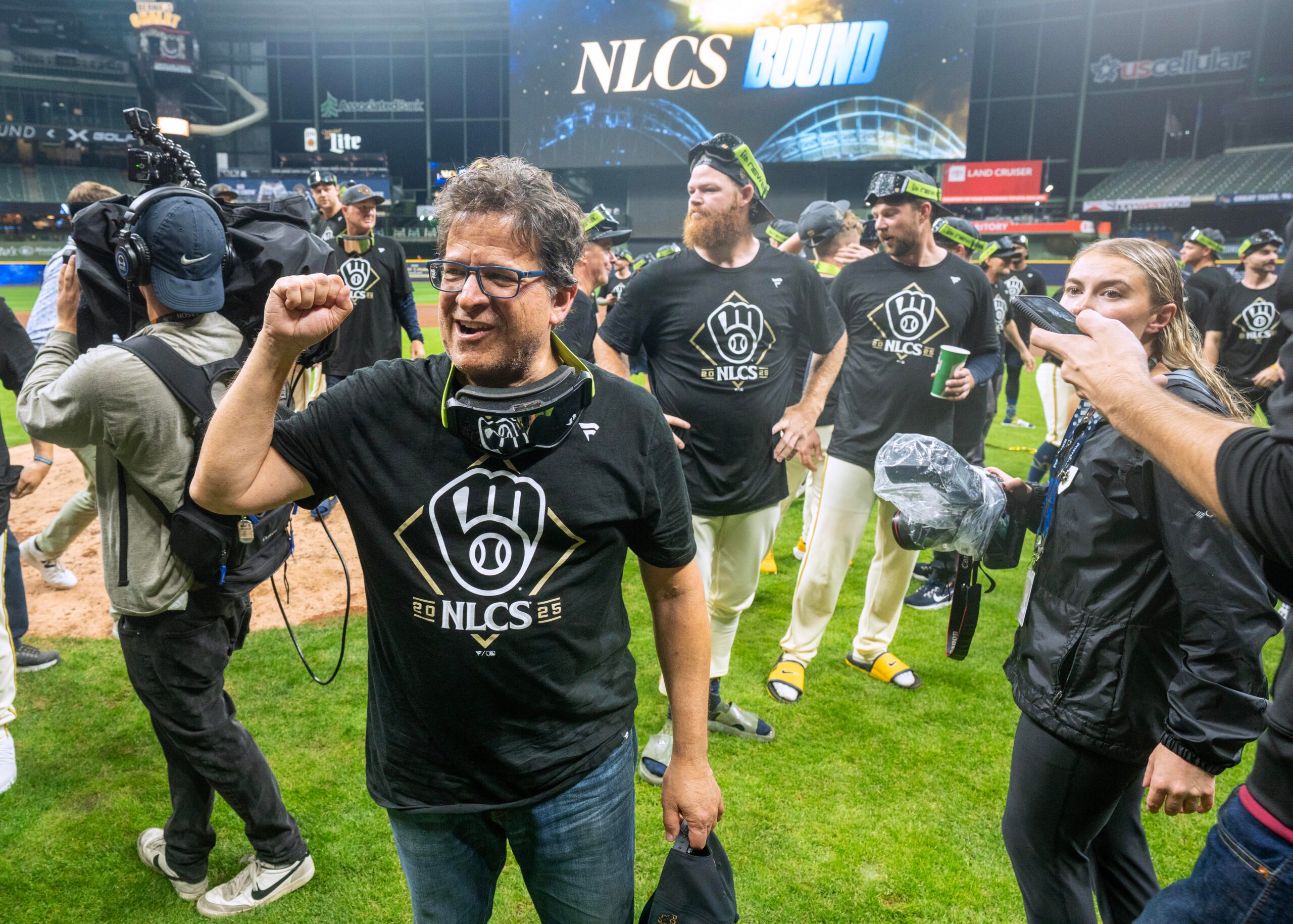 Oct 11, 2025; Milwaukee, Wisconsin, USA; Milwaukee Brewers principal owner Mark Attanasio celebrates their 3-1 win over the Chicago Cubs after game five of the NLDS round for the 2025 MLB playoffs at American Family Field. Mandatory Credit: Mark Hoffman-USA TODAY Network via Imagn Images
