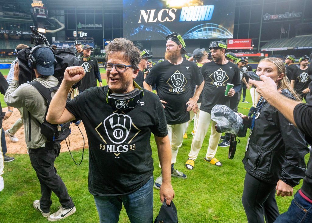 Oct 11, 2025; Milwaukee, Wisconsin, USA; Milwaukee Brewers principal owner Mark Attanasio celebrates their 3-1 win over the Chicago Cubs after game five of the NLDS round for the 2025 MLB playoffs at American Family Field. Mandatory Credit: Mark Hoffman-USA TODAY Network via Imagn Images