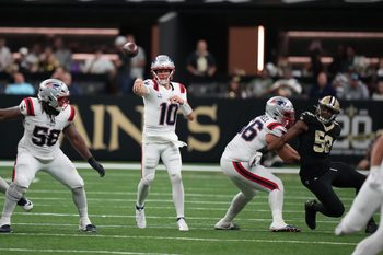 Oct 12, 2025; New Orleans, Louisiana, USA; New England Patriots quarterback Drake Maye (10) throws downfield during the second half against the New Orleans Saints at Caesars Superdome. Mandatory Credit: Matthew Hinton-Imagn Images