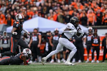 Oct 11, 2025; Corvallis, Oregon, USA; Wake Forest Demon Deacons running back Demond Claiborne (1) runs the ball during the first half against the Oregon State Beavers at Reser Stadium. Mandatory Credit: Craig Strobeck-Imagn Images