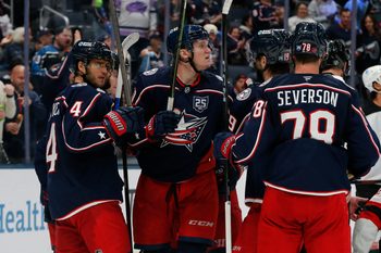 Oct 13, 2025; Columbus, Ohio, USA; Columbus Blue Jackets left wing Dmitri Voronkov (10) celebrates his goal against the New Jersey Devils during the third period at Nationwide Arena. Mandatory Credit: Russell LaBounty-Imagn Images