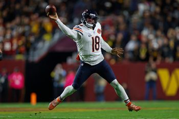 Oct 13, 2025; Landover, Maryland, USA; Chicago Bears quarterback Caleb Williams (18) throws the ball against the Washington Commanders during the third quarter at Northwest Stadium. Mandatory Credit: Peter Casey-Imagn Images
