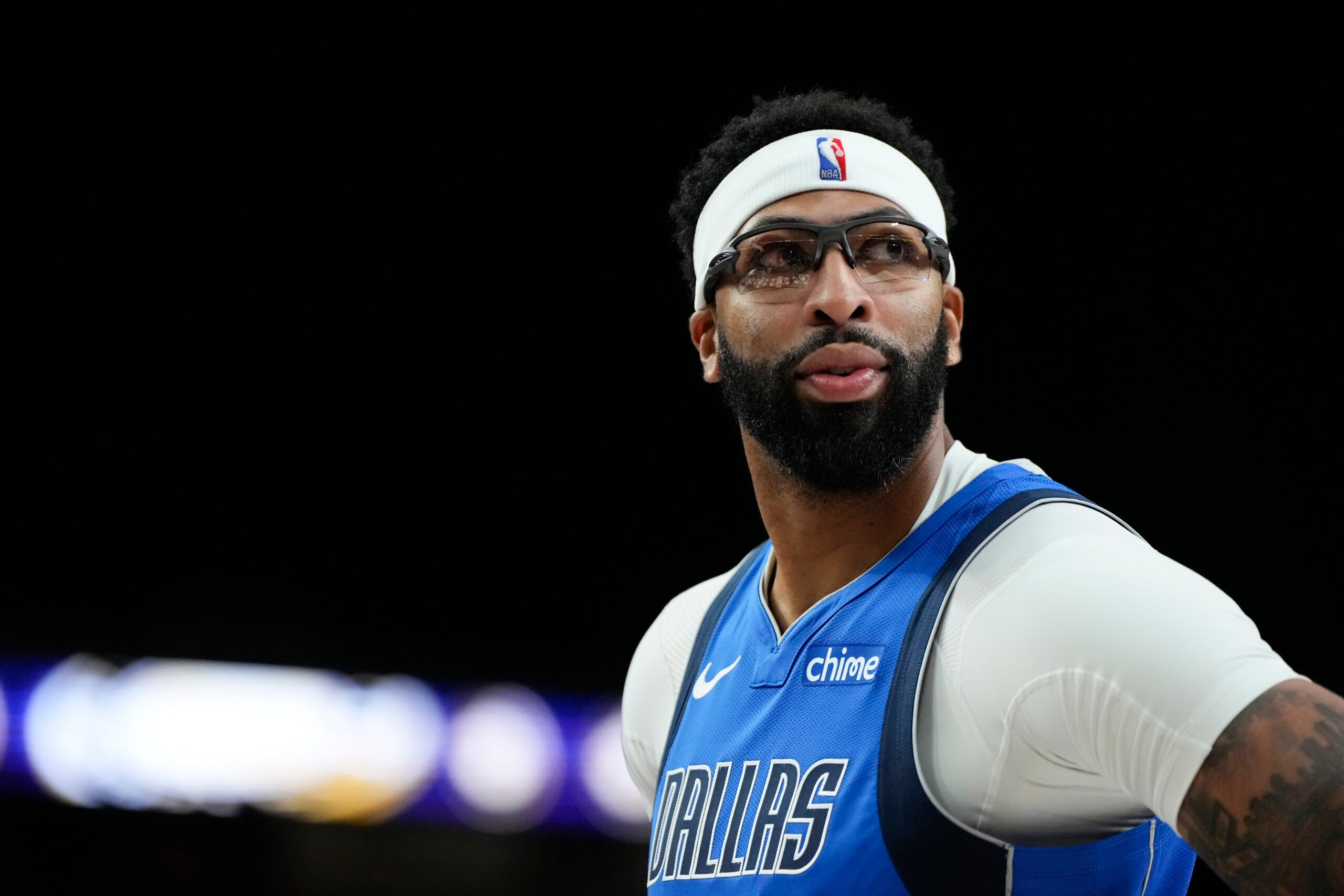 Oct 15, 2025; Las Vegas, Nevada, USA; Dallas Mavericks forward Anthony Davis (3) looks outward during the first half against the Los Angeles Lakers at T-Mobile Arena. Mandatory Credit: Lucas Peltier-Imagn Images