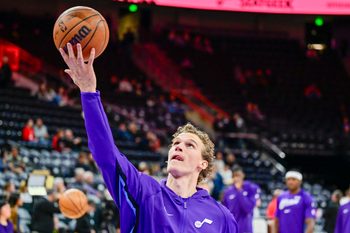 Oct 16, 2025; Salt Lake City, Utah, USA; Utah Jazz forward/center Lauri Markkanen (23) warms up before the game against the Portland Trail Blazers at Delta Center. Mandatory Credit: Peter Creveling-Imagn Images