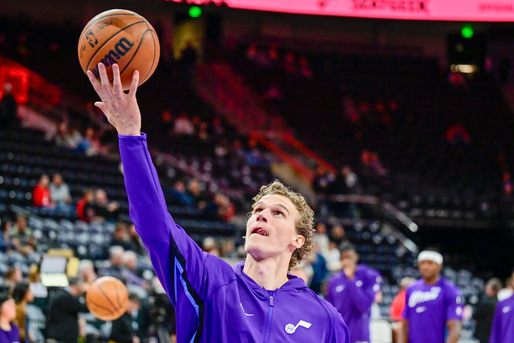 Oct 16, 2025; Salt Lake City, Utah, USA; Utah Jazz forward/center Lauri Markkanen (23) warms up before the game against the Portland Trail Blazers at Delta Center. Mandatory Credit: Peter Creveling-Imagn Images