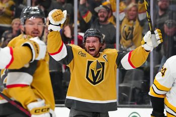 Oct 16, 2025; Las Vegas, Nevada, USA; Vegas Golden Knights right wing Mark Stone (61) celebrates after center Tomas Hertl (48) scored a goal against the Boston Bruins during the second period at T-Mobile Arena. Mandatory Credit: Stephen R. Sylvanie-Imagn Images