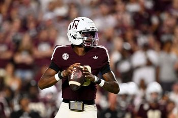 Oct 11, 2025; College Station, Texas, USA; Texas A&M Aggies quarterback Marcel Reed (10) looks to pass the ball during the third quarter against the Florida Gators at Kyle Field. Mandatory Credit: Maria Lysaker-Imagn Images