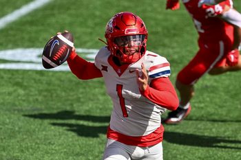 Oct 18, 2025; Houston, Texas, USA; Arizona Wildcats quarterback Noah Fifita (1) throws the ball during the first quarter against the Houston Cougars at TDECU Stadium. Mandatory Credit: Maria Lysaker-Imagn Images