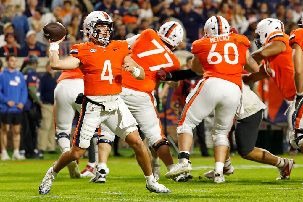 Oct 18, 2025; Charlottesville, Virginia, USA; Virginia Cavaliers quarterback Chandler Morris (4) passes the ball against the Washington State Cougars during the first half at Scott Stadium. Mandatory Credit: Geoff Burke-Imagn Images