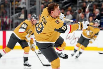 Oct 18, 2025; Las Vegas, Nevada, USA; Vegas Golden Knights center Jack Eichel (9) warms up before a game against the Calgary Flames at T-Mobile Arena. Mandatory Credit: Stephen R. Sylvanie-Imagn Images