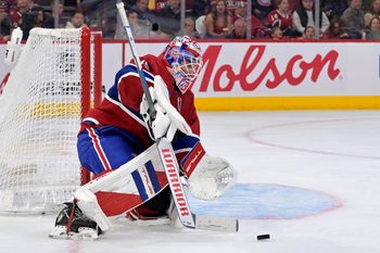 Oct 18, 2025; Montreal, Quebec, CAN; Montreal Canadiens goalie Sam Montembeault (35) makes a save against the New York Rangers during the third period at the Bell Centre. Mandatory Credit: Eric Bolte-Imagn Images