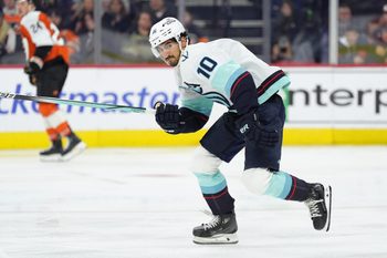 Oct 20, 2025; Philadelphia, Pennsylvania, USA; Seattle Kraken center Matty Beniers (10) in action against the Philadelphia Flyers in the third period at Xfinity Mobile Arena. Mandatory Credit: Kyle Ross-Imagn Images