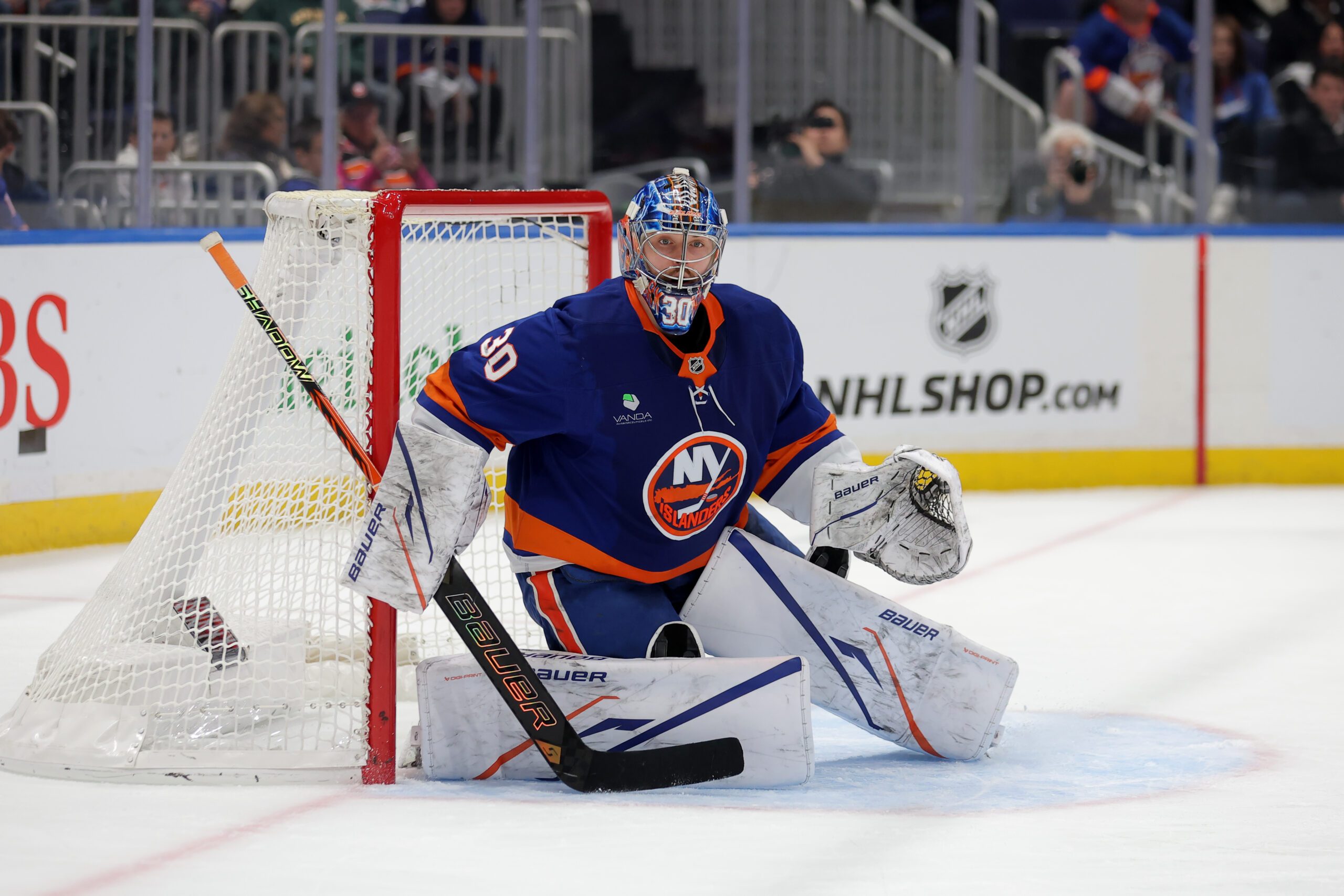Oct 21, 2025; Elmont, New York, USA; New York Islanders goaltender Ilya Sorokin (30) tends net against the San Jose Sharks during the third period at UBS Arena. Mandatory Credit: Brad Penner-Imagn Images