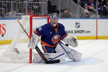 Oct 21, 2025; Elmont, New York, USA; New York Islanders goaltender Ilya Sorokin (30) tends net against the San Jose Sharks during the third period at UBS Arena. Mandatory Credit: Brad Penner-Imagn Images