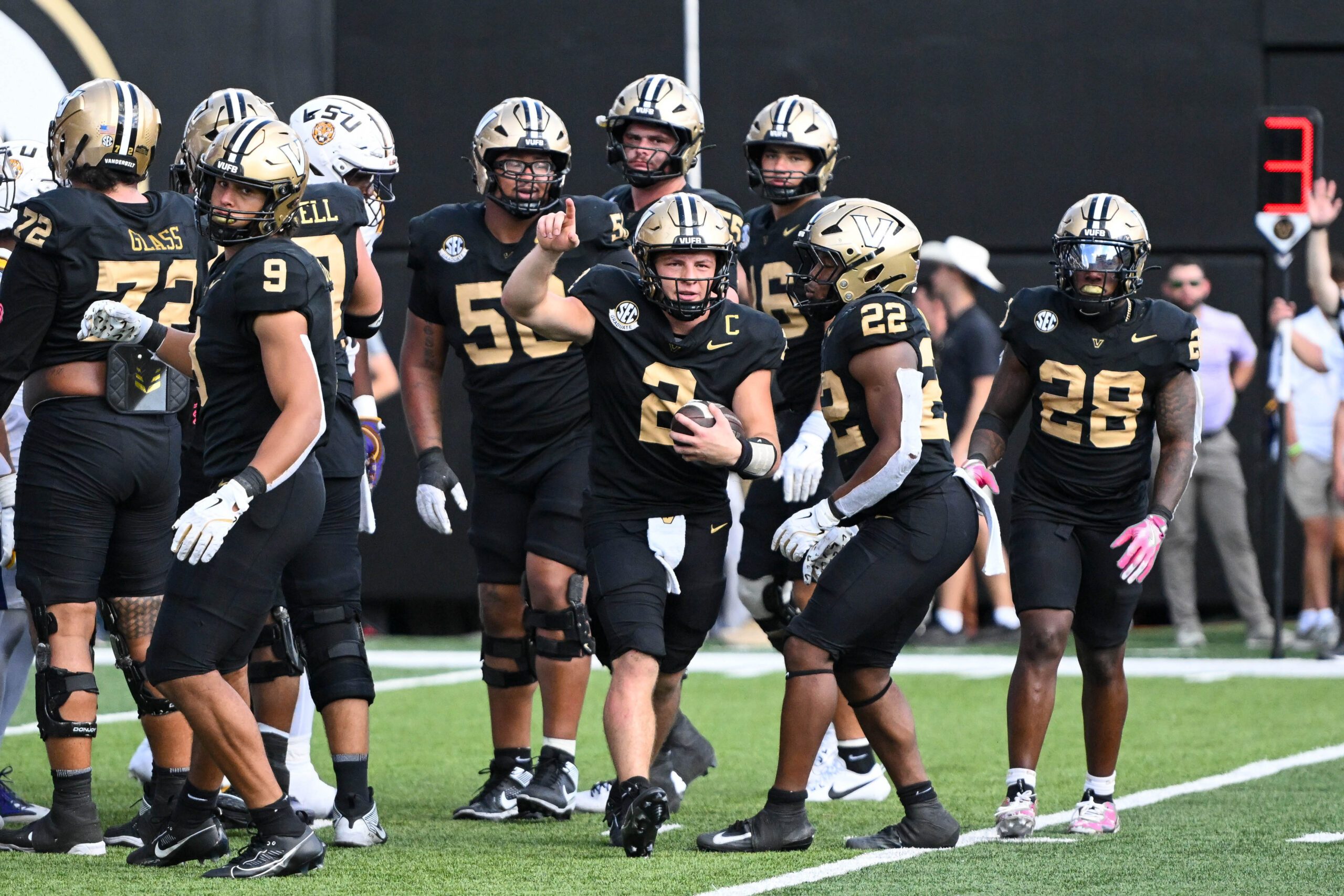 Oct 18, 2025; Nashville, Tennessee, USA; Vanderbilt Commodores quarterback Diego Pavia (2) celebrates the win against the Louisiana State Tigers during the second half at FirstBank Stadium. Mandatory Credit: Steve Roberts-Imagn Images