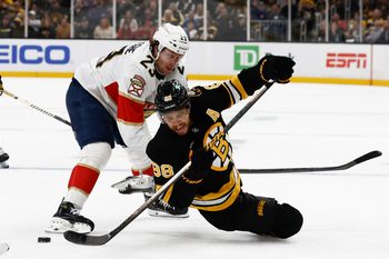 Oct 21, 2025; Boston, Massachusetts, USA; Boston Bruins right wing David Pastrnak (88) gets off a pass while being taken down by Florida Panthers center Carter Verhaeghe (23) during the third period at TD Garden. Mandatory Credit: Winslow Townson-Imagn Images