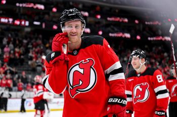Oct 22, 2025; Newark, New Jersey, USA; New Jersey Devils defenseman Dougie Hamilton (7) reacts after winning against the Minnesota Wild at Prudential Center. Mandatory Credit: John Jones-Imagn Images